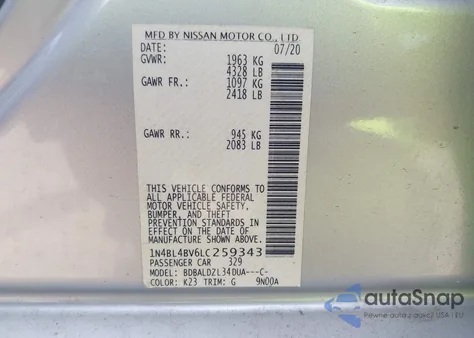 2020 Nissan Altima S Fwd from USA, damaged, VIN 1N4BL4BV6LC259343
